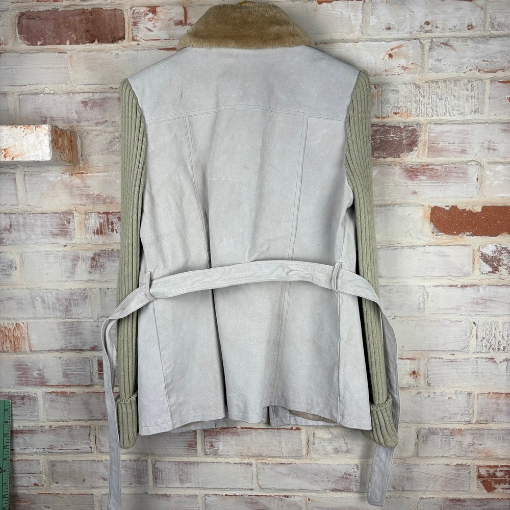 Vintage Morrow Sage Suede Leather Jacket Faux Fur Collar Knit Sleeves L Belted — image 3 of 8